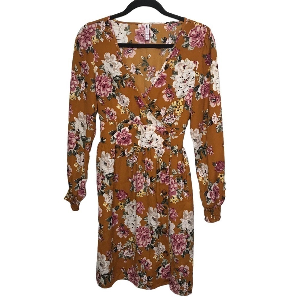 Xhilaration Burnt Orange Floral Long Sleeve Dress Small